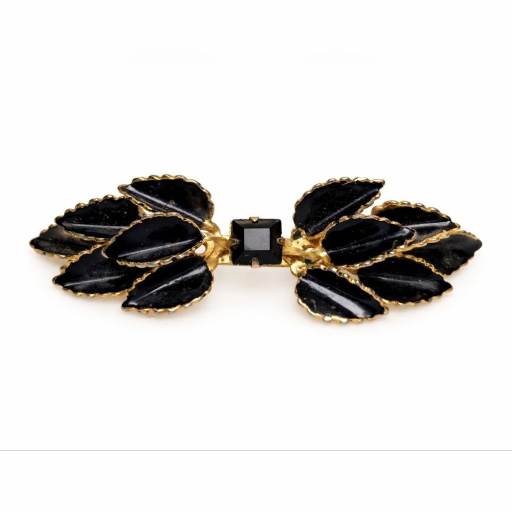 Vintage Black Enamel Leaf Bow Brooch Gold Tone Mid Century Old Hollywood